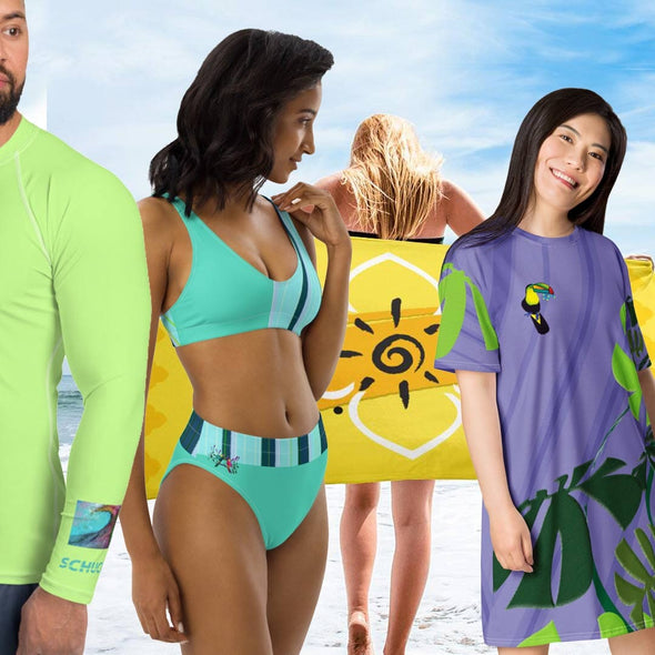 Fabulously colorful, all over print graphics on swimwear.