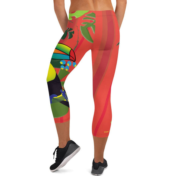 Leggings, Capri Length, Mid Rise - Spiral Toucan Coral Red by Lidka Schuch