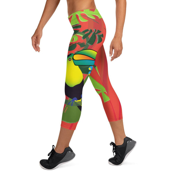 Leggings, Capri Length, Mid Rise - Spiral Toucan Coral Red by Lidka Schuch