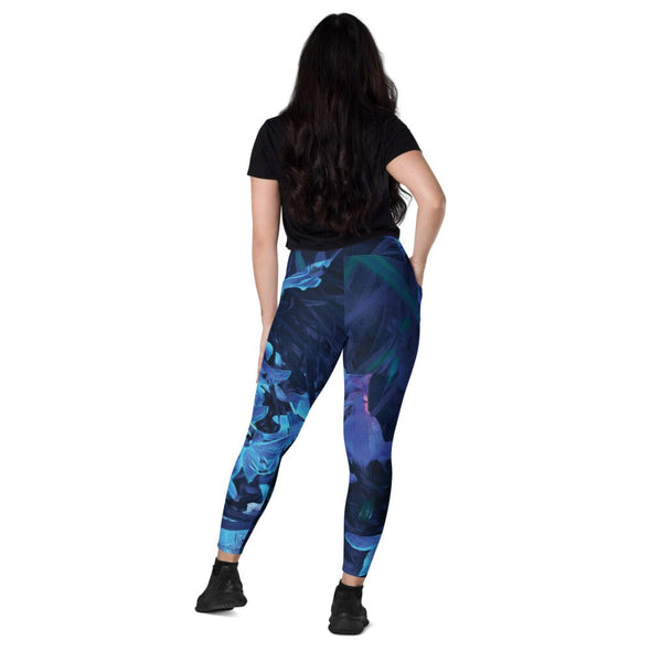 Leggings, Crossover with Pockets - Night-Glo Lilies by Lidka Schuch