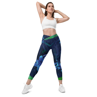 Leggings, Crossover with Pockets - Night-Glo Lilies - Green by Lidka Schuch