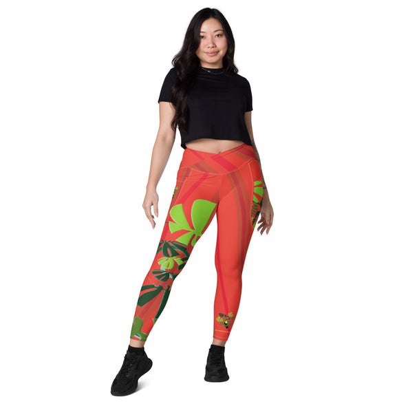 Leggings, Crossover with Pockets - Spiral Toucan Coral Red by Lidka Schuch