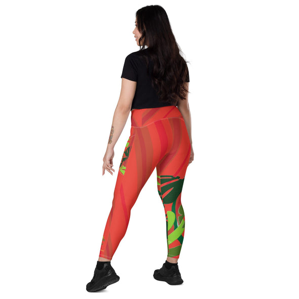 Leggings, Crossover with Pockets - Spiral Toucan Coral Red by Lidka Schuch