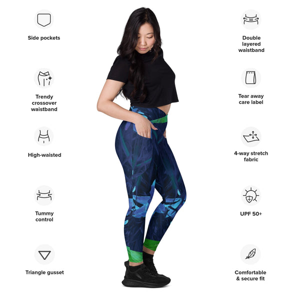 Leggings, Crossover with Pockets - Night-Glo Lilies - Green by Lidka Schuch