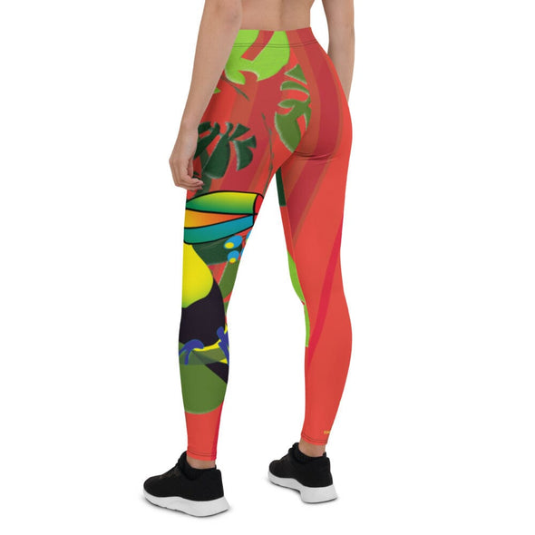 Leggings, Full Length, Mid Rise - Spiral Toucan Coral Red by Lidka Schuch