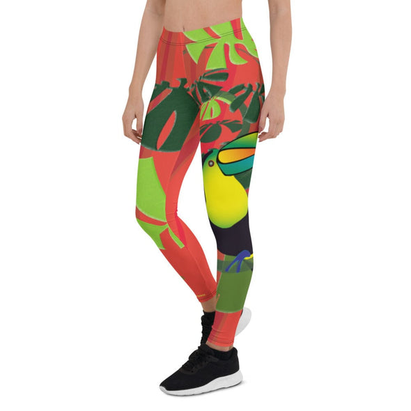 Leggings, Full Length, Mid Rise - Spiral Toucan Coral Red by Lidka Schuch