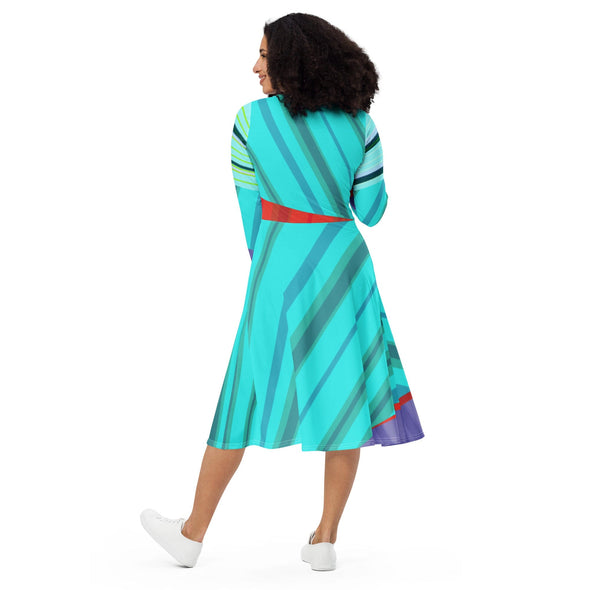 A-Line Midi Dress, Long Sleeve - Stripes Party Blue by Lidka Schuch