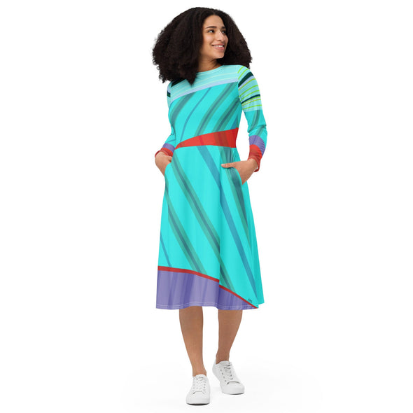 A-Line Midi Dress, Long Sleeve - Stripes Party Blue by Lidka Schuch