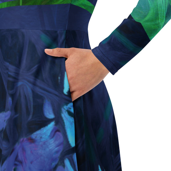 A-Line Midi Dress, Long Sleeve - Night-Glo Lilies by Lidka Schuch