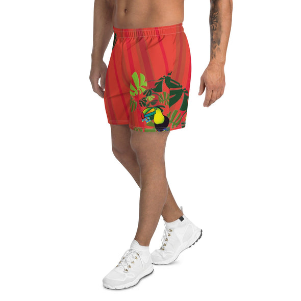 Men's Athletic Long Shorts - Spiral Toucan Coral Red by Lidka Schuch