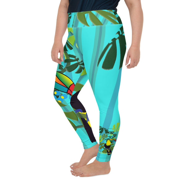 Leggings, Plus Size, Full Length, High Rise - Spiral Toucan Blue by Lidka Schuch