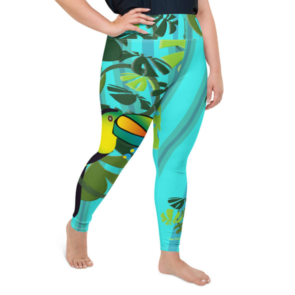 Leggings, Plus Size, Full Length, High Rise - Spiral Toucan Blue by Lidka Schuch