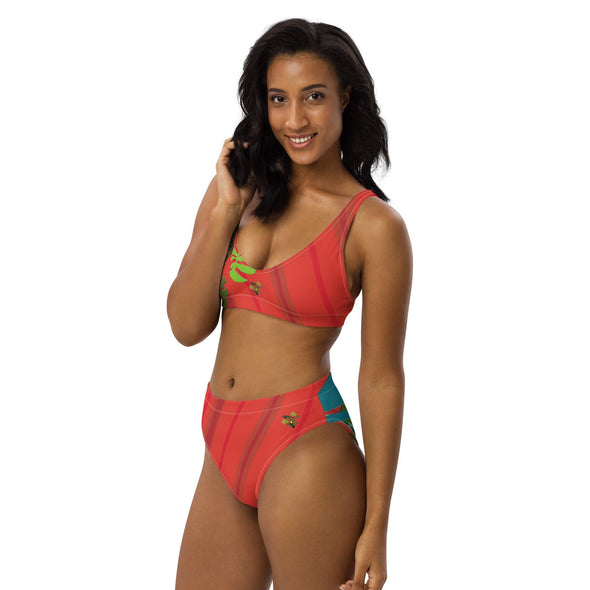 Bikini, High Rise, Padded - Spiral Toucan Coral Red by Lidka Schuch