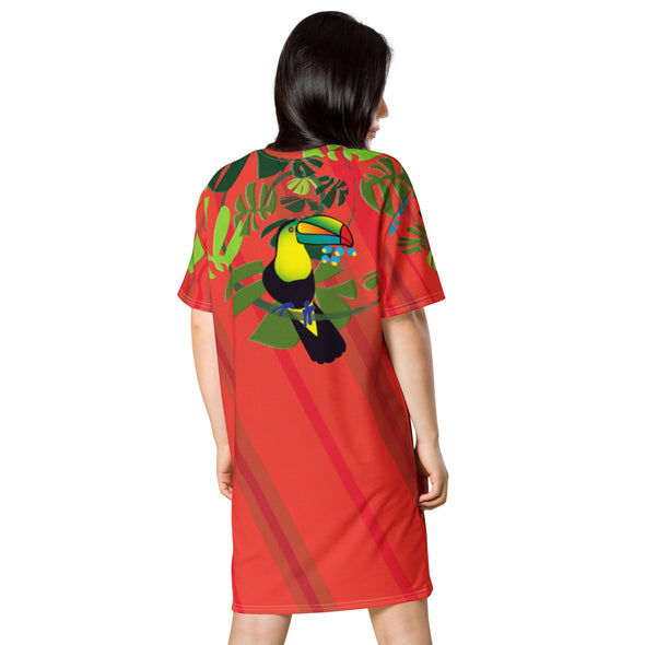 T-shirt Dress - Spiral Toucan Coral Red by Lidka Schuch