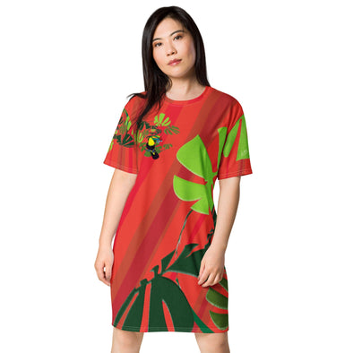 T-shirt Dress - Spiral Toucan Coral Red by Lidka Schuch