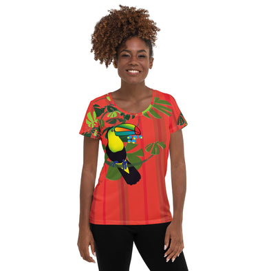 Women's Athletic T-shirt - Spiral Toucan Coral Red by Lidka Schuch
