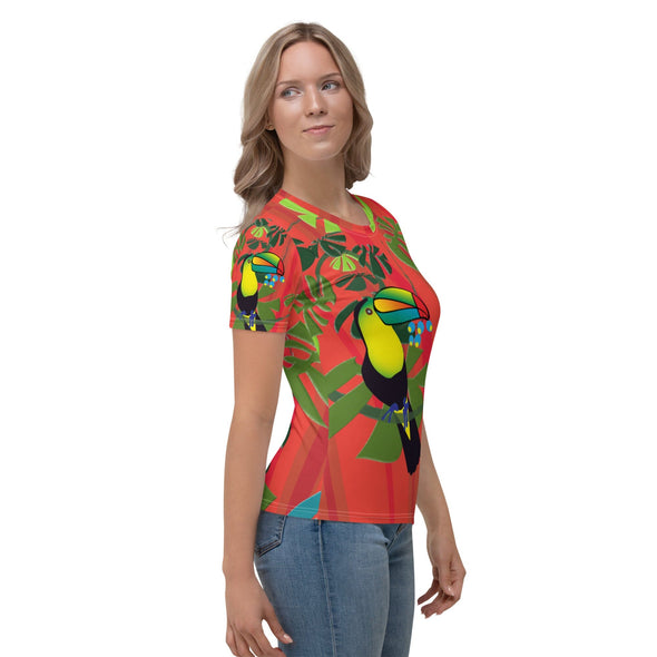 Women's T-shirt - Spiral Toucan Coral Red by Lidka Schuch