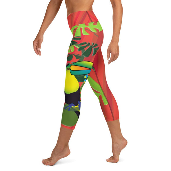 Leggings, Capri Length, High Rise - Spiral Toucan Coral Red by Lidka Schuch