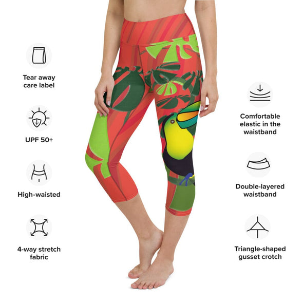 Leggings, Capri Length, High Rise - Spiral Toucan Coral Red by Lidka Schuch