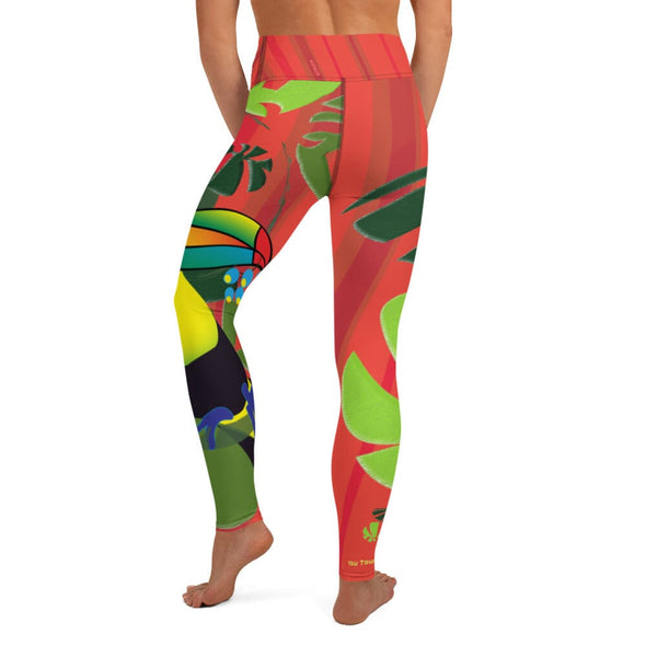 Leggings, Full Length, High Rise - Spiral Toucan Coral Red by Lidka Schuch