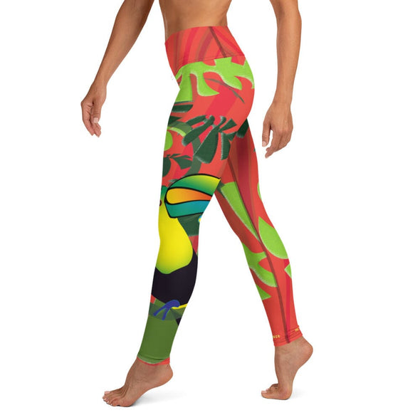 Leggings, Full Length, High Rise - Spiral Toucan Coral Red by Lidka Schuch