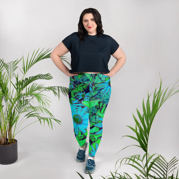 Leggings, Plus Size, Full Length, High Rise - Blue Green Susans by Lidka Schuch