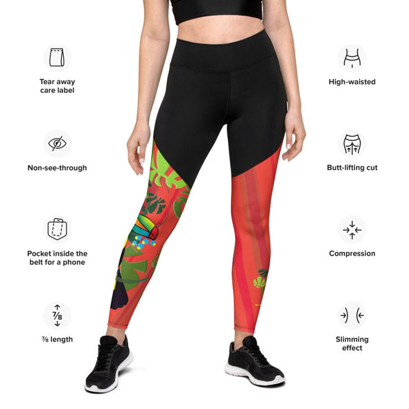 Sports Leggings, High Rise - Spiral Toucan Coral Red by Lidka Schuch