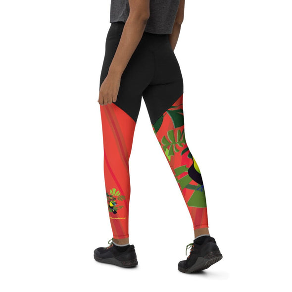 Sports Leggings, High Rise - Spiral Toucan Coral Red by Lidka Schuch